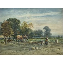 John Atkinson (Staithes Group 1863-1924): Working Horses and Girls in the Field, watercolour signed 28cm x 36cm