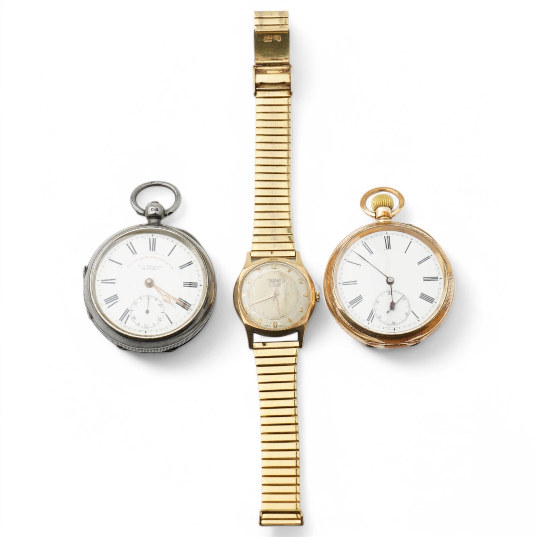 Gentleman's open face pocket watch with white enamel dial and subsidiary seconds dial in gold plated case, another 'The Express English Lever' in silver case and a Rotary wristwatch in 9ct gold case 