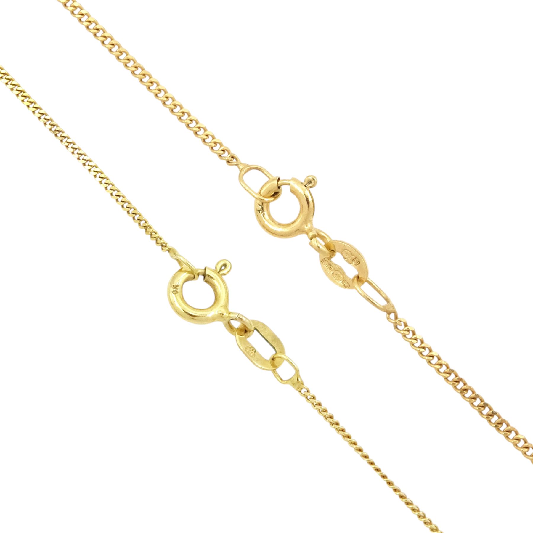 Two early 20th century gold amethyst pendants, including a heart cut amethyst and seed pearl openwork pendant, both on later gold chain necklaces, all 9ct