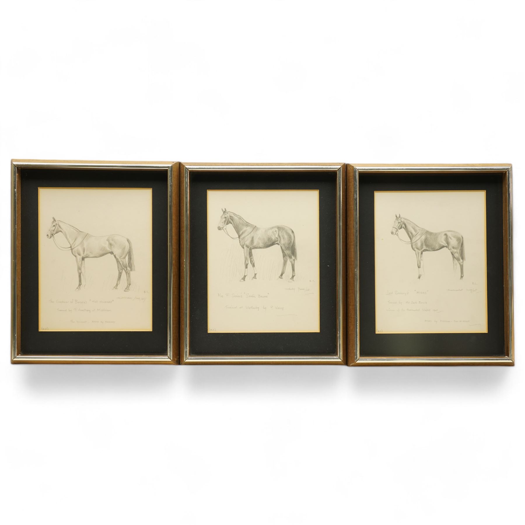 Joseph Appleyard (Yorkshire 1908-1960): Horses 'Midas' 'The Yuvaraj' and 'Senor Brume', set of three preliminary pencil sketches unsigned, variously inscribed 22cm x 17cm (3)