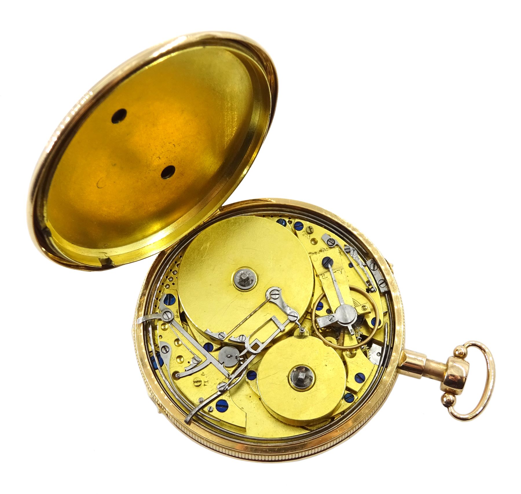 19th century French 18ct gold open face key wound musical repeating cylinder pocket watch, circa 1820, movement not signed, the gilt metal dust cover spuriously signed 'Musique Breguet A Paris No.3205', gilt dial with Roman numerals, plunge repeat in the pendant, engine turned back case 