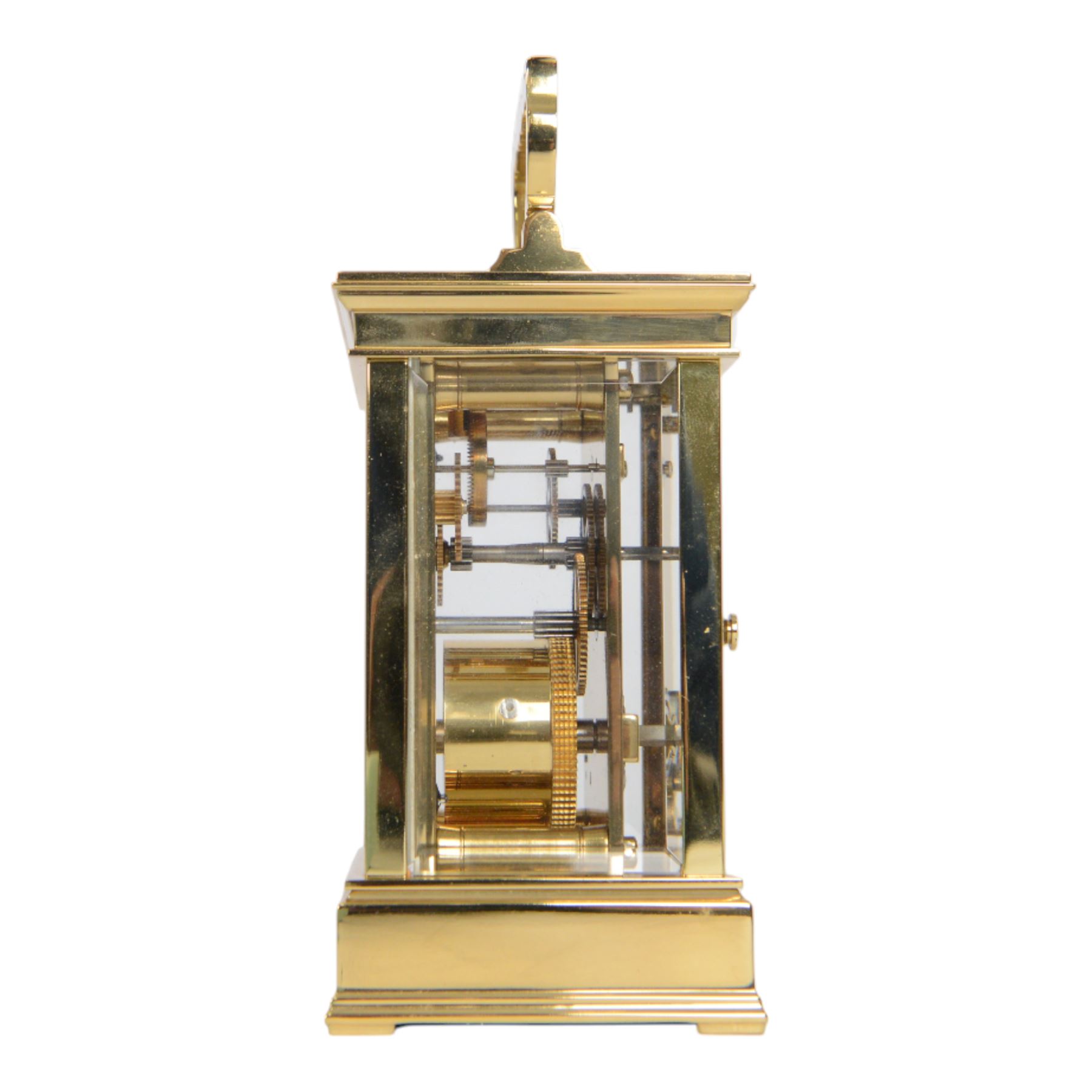 Rapport France late 20th century 8-day timepiece brass carriage clock, brass case with four bevelled glass panels, enamel dial with maker's name, Roman numerals and steel moon hands, with a jewelled lever platform escapement, movement stamped with L'Epée logo, with key.