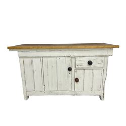 Distressed white painted pine sideboard, polished rectangular top over cupboards and drawer
