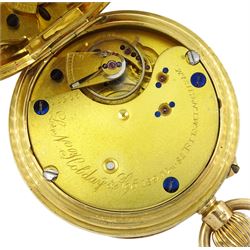 Victorian 18ct gold open face keyless lever pocket watch by L.N. Hobday & Co, Birmingham, No. 33936, white enamel dial with Roman numerals, back case engraved with coat of arms, inscription 'Supra Spem Spero' (I hope beyond hope) and initialled, case markers mark FK, London 1890