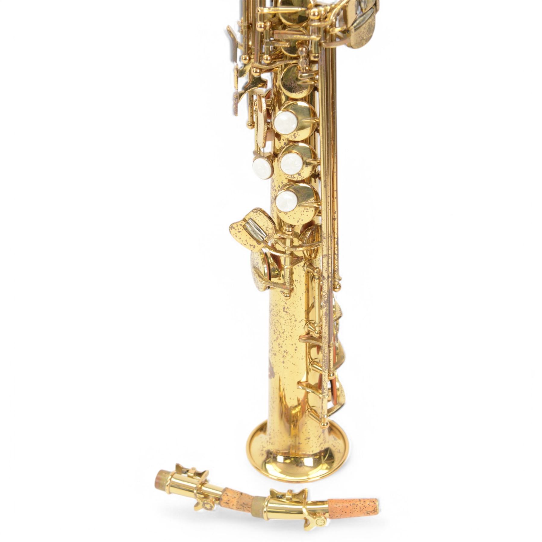 20th century Earlham straight soprano saxophone with mouthpiece, in a hard velvet lined case.