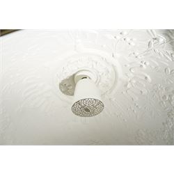 Marcel Wanders for Flos - pair of 'Skygarden S2' suspension lights, the monumental gilt domed shades concealing richly modelled white plaster interiors of Baroque-inspired floral and foliate ornament, with a large moulded central ceiling rose comprised of acanthi and extending ribbon festoons