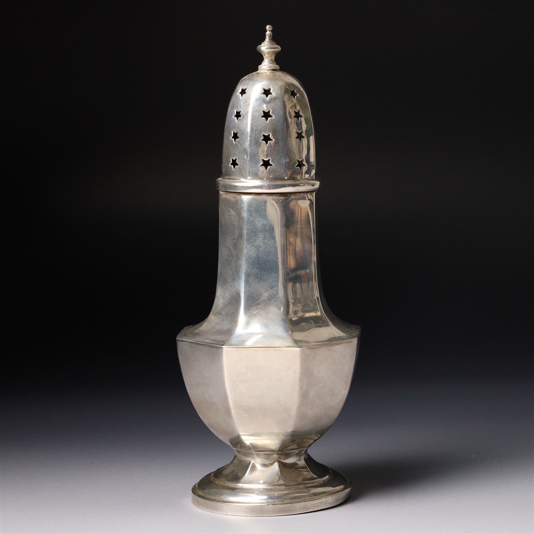 Silver panel sided sugar caster H19cm Birmingham 1939 Maker Aaron Lufkin Dennison 