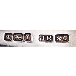 Group of silver flatware, comprising set of six early 20th century teaspoons with foliate engraved detail, hallmarked Joseph Rodgers & Sons, Sheffield 1909 and 1911, a set of six Victorian beaded edge teaspoons, hallmarked Sheffield 1897, Victorian dessert spoon, hallmarked Charles Boyton (II), London 1886, late Victorian teaspoon, and four early 20th century silver handled butter knives, approximate weighable silver 10.27 ozt (319.5 grams)