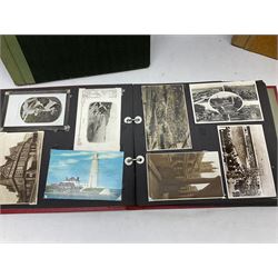 Five albums containing a large quantity of Edwardian and later postcards, predominantly topographical, mostly printed but some real photographic including street scenes, George Studdy 'Bonzo', WW1 soldiers and Lord Kitchener, portraits and groups, novelty pull-outs, shipping, comic, Mabel Lucie Attwell etc (5)