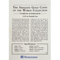 Queen Elizabeth II Isle of Man 2001 fine gold 1/25 ounce 'Somali Cat' coin from 'The Smallest Gold Coins of the World Collection', with certificate