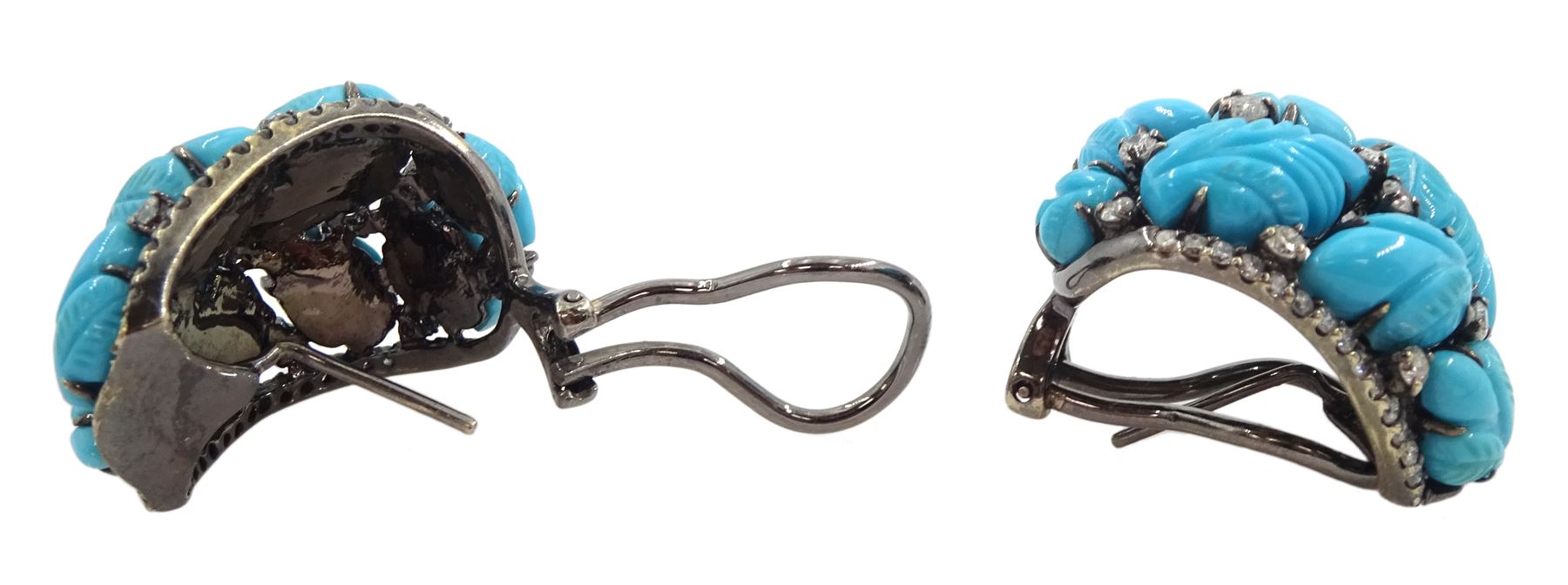 Pair of 18ct gold black rhodium plated turquoise leaf and round brilliant cut diamond stud earrings, stamped 750