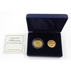 Two Queen Elizabeth II 2000 gold full sovereigns, with 'Millennium Gold' certificate, cased
