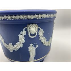 Victorian Wedgwood blue jasperware jardiniere H16.5cm; Victorian copper lustre jug; James Kent art deco style green glazed jug; and Beswick figure of a singing cat (4)