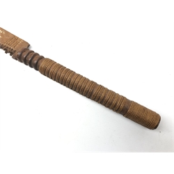  Samoan wooden club, shaped blade with serrated edge and painted geometric decoration, ribbed straw bound handle, L64cm  