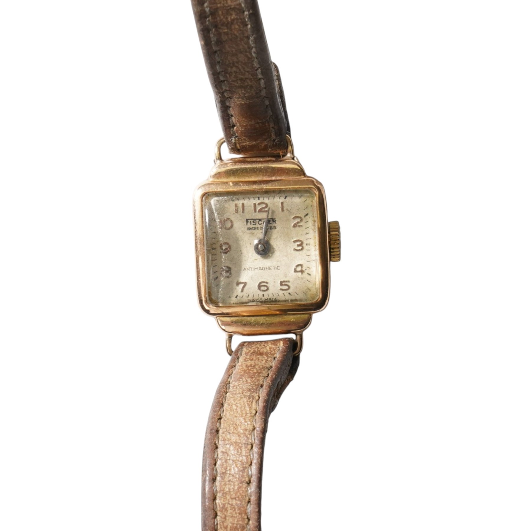 Fischer 18ct gold manual wind wristwatch, Helvetia hallmark, on brown leather strap and four mother of pearl gold mounted hat pins