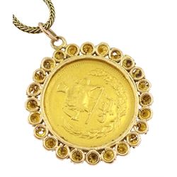 Iranian 21ct gold coin, loose mounted in gold pendant mount on gold wheat link chain necklace