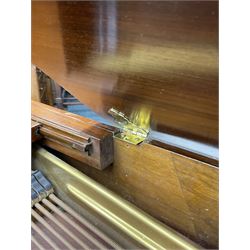  Antonin Petrof - Walnut overstrung baby grand piano, 7 0catve 85 key compass with original strings, tuning pins, damper felts and hammer heads, with roller keyboard action and iron frame, sustaining and una-corda pedals, sliding open lattice music desk, supported on square tapering legs with brass cups and castors, with inner ebonised key fall and ivorine label inscribed 'Supplied by Harrods, London'.