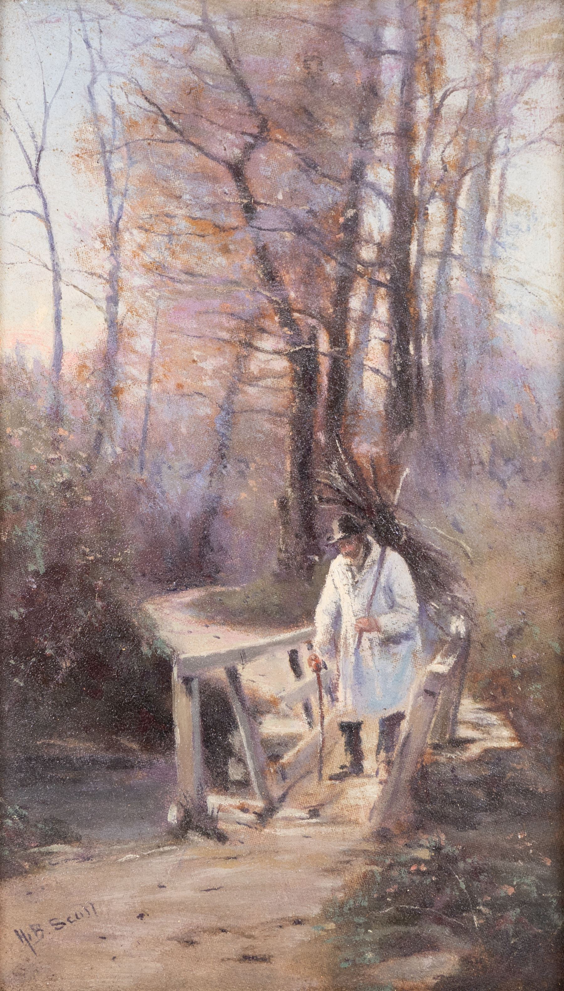 Hugh Berry Scott (British 1854-1940): Old Man Gathering Sticks, oil on panel signed 20cm x 12cm 