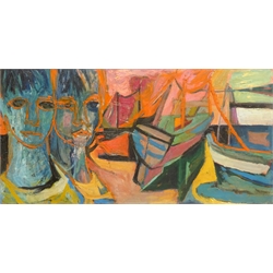  Modern British (20th century): Faces and Boats, oil on board unsigned 37cm x 74cm  
