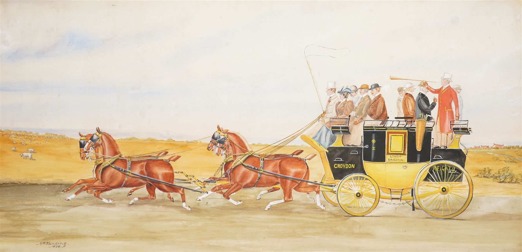 Henry William Standing (1894–1931), Coach and Four Croydon-Reigate, watercolour signed and dated, 41cm x 78cm
