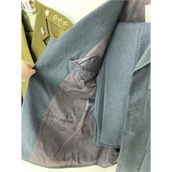 RAF Flight Lieutenant's uniform with peaked cap and WW2 ribbon bar; WW2 gas mask in blue canvas bag dated 1942; flying helmet date 1984; and British Army Major's uniform with Staybrite buttons and peaked cap