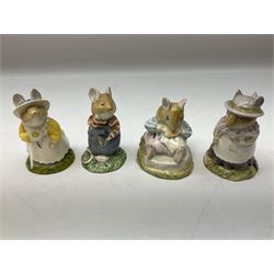 Fifteen Royal Doulton Brambly Hedge figures, comprising Wilfred Toadflax, Dusty Dogwood, Mrs Toadflax, Mr Apple, Primrose Woodmouse, Lord Woodmouse, Poppy Everbright, two Lady Woodmouse, two Old Mrs Everbright, Mr Toadflax, Mrs Apple, Santa Bunnykins and Bunnykins, together with three Royal Albert Wind in the Willows figures comprising Ratty, Badger and Mole, all with printed marks beneath (18)