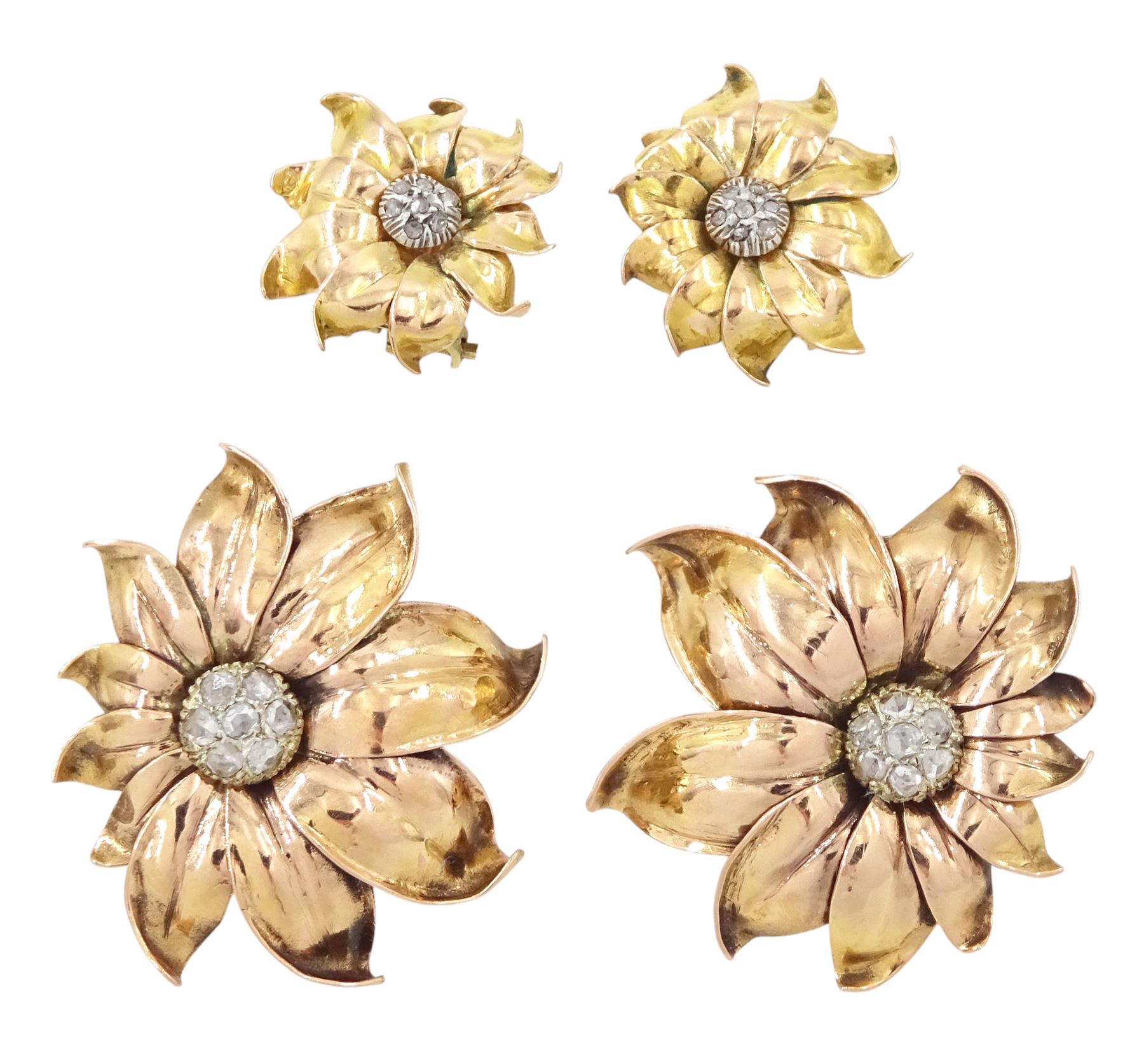 Pair of Hungarian rose gold diamond flower head hair clips, each set with a cluster of seven rose cut diamonds, with a pair of matching clip-on earrings, hallmarked