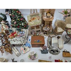 Dolls house conservatory and garden accessories, including sofa and chairs, trees, plants, paintings, Christmas decorations, etc 