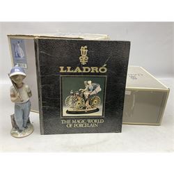 Three Lladro figures, comprising Beautiful Rhapsody no 6319, Duck Group no 4549 and Can I Play no 7610, two with original boxes, together with Lladro book The Magic of World Porcelain, largest example H23cm