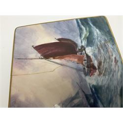 Royal Crown Derby rectangular plaque, depicting ships on a stormy sea, with a gilt boarder, painted by W.E.J. Dean, H12cm, L14.5cm