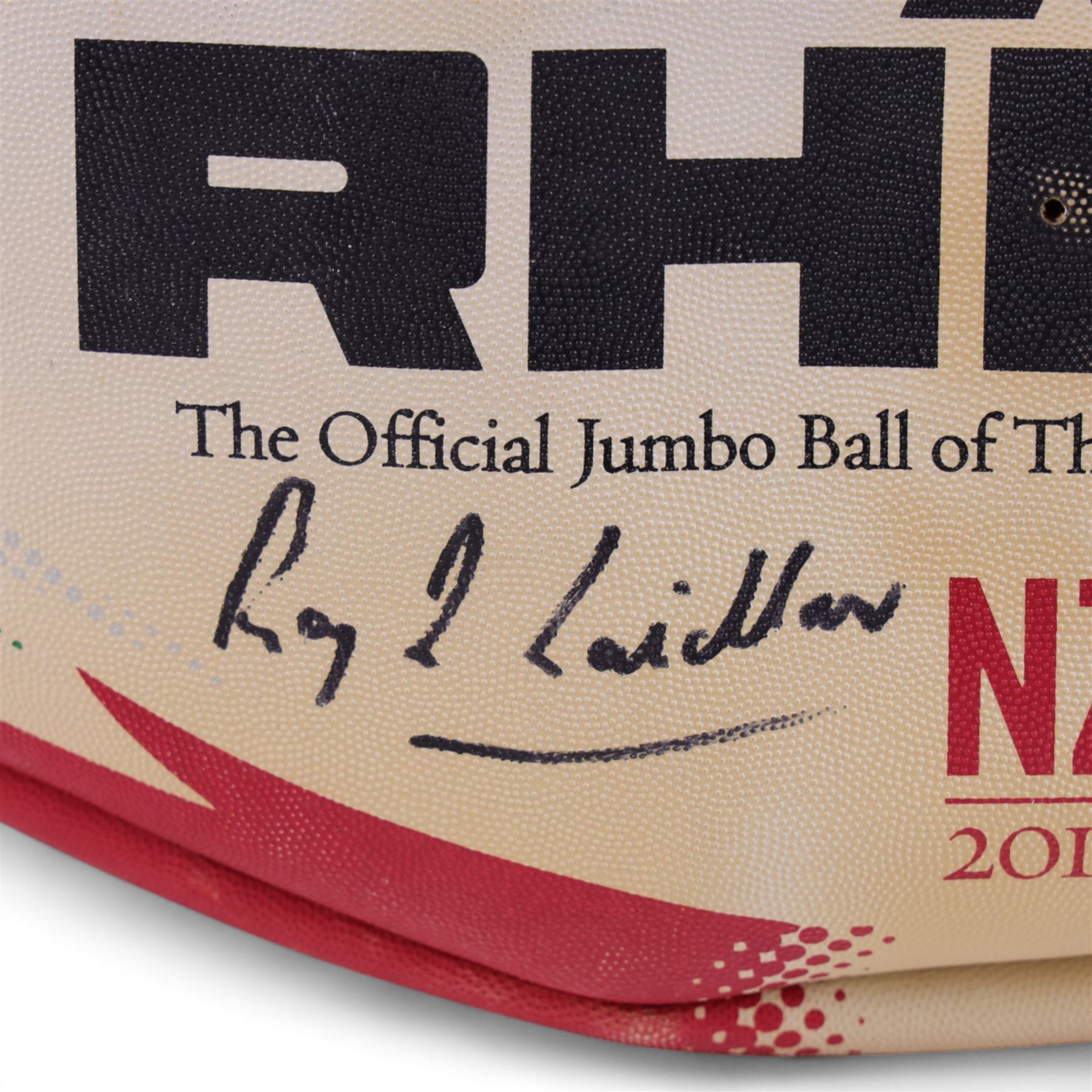Three signed rugby balls, including 2017 Lions Tour Rhino Jumbo ball, signed by eight players, including Greig Laidlaw, Rugby world cup 2003 example and a 2001 British Lions example