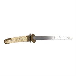 Japanese Bone Tanto, with 20cm single edged blade, with carved bone handle and scabbard, with figural decoration, overall L48cm