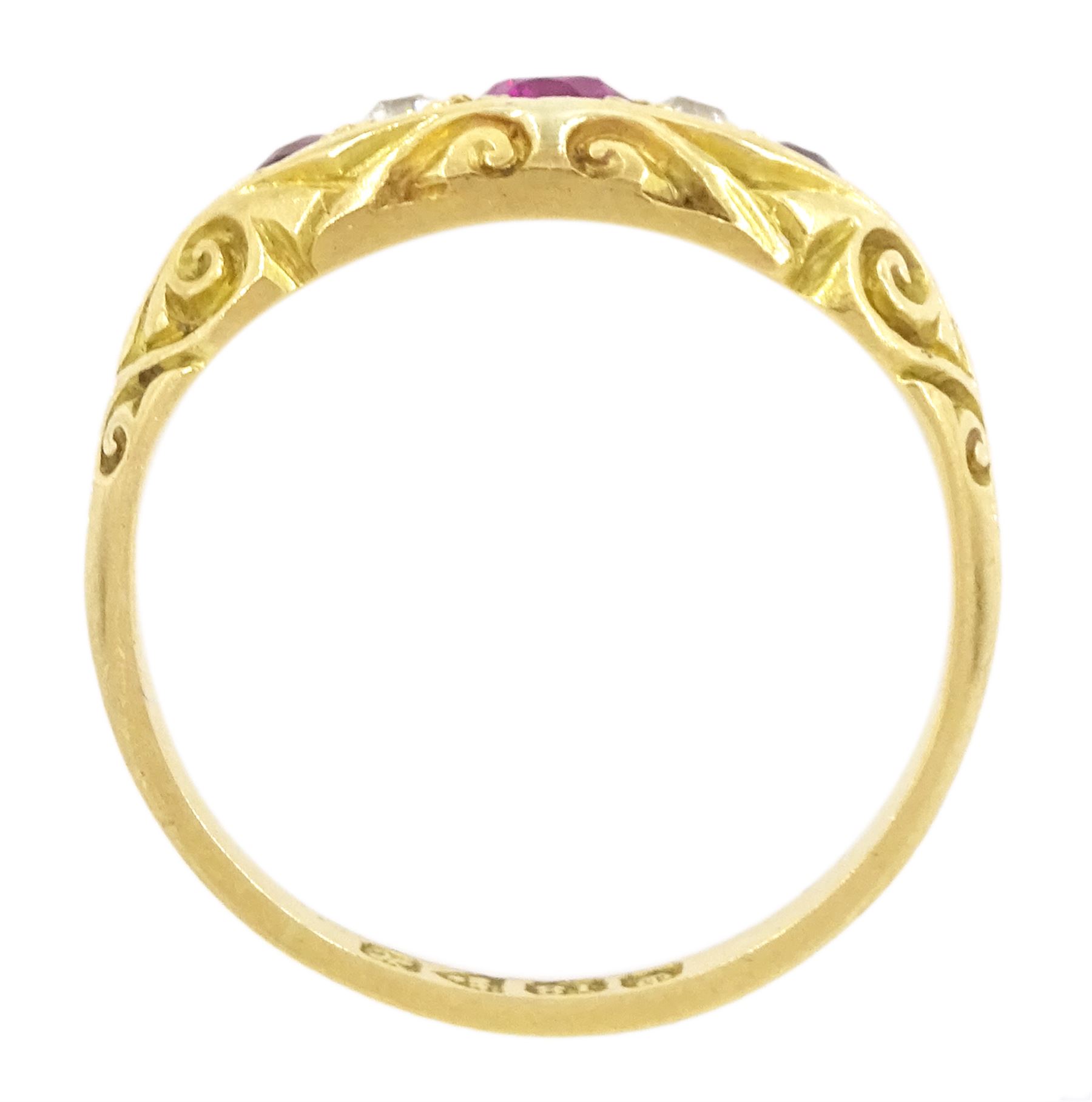 Edwardian 18ct gold five stone ruby and old cut diamond ring, Chester 1908