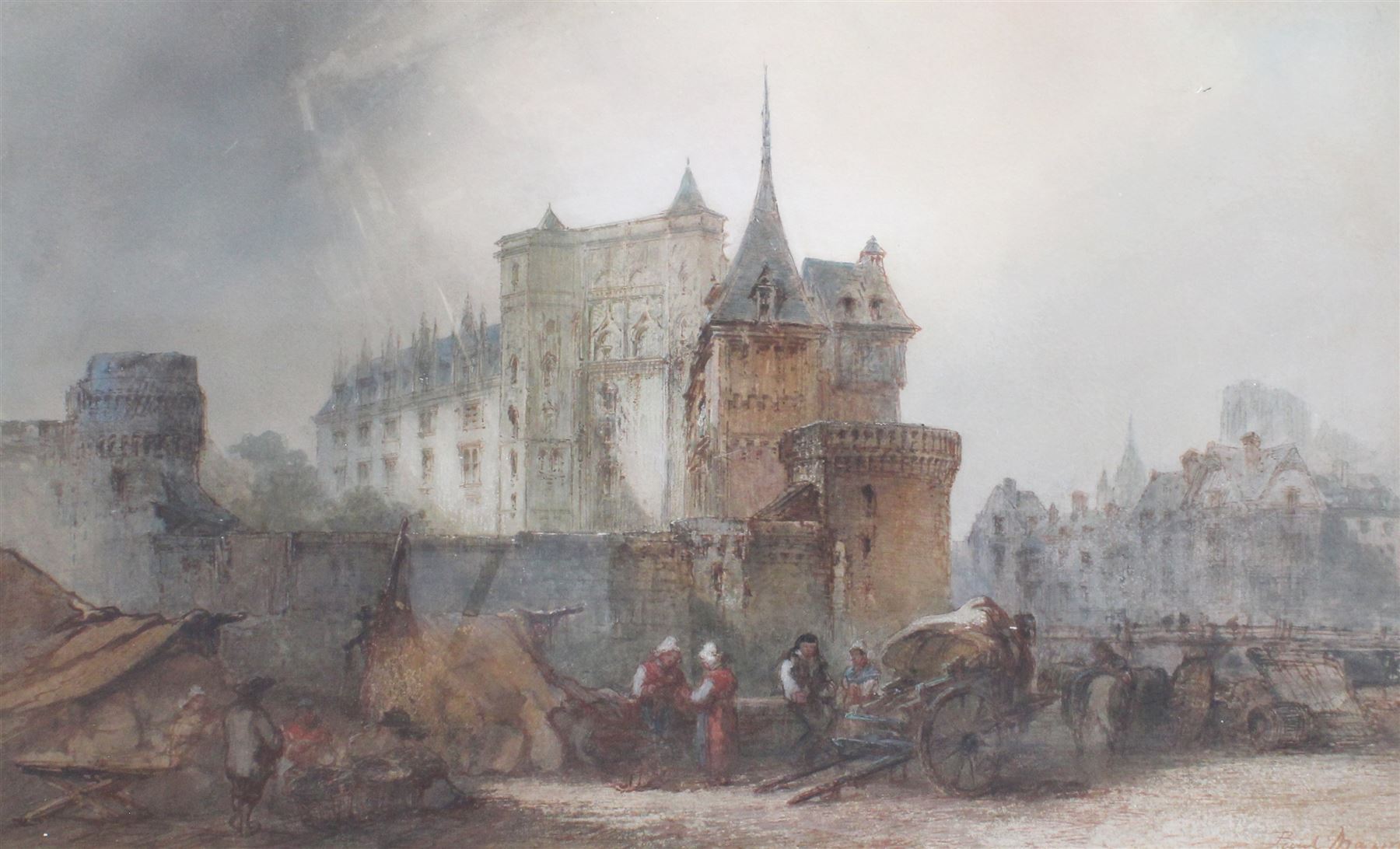 Paul Marny (French/British 1829-1914): Market Traders in a French Cathedral City, watercolour signed 44cm x 66cm 
Provenance: private collection, purchased David Duggleby Ltd 7th December 2015 Lot 195