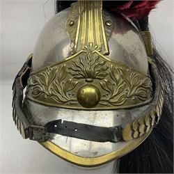 French 1874 Pattern Dragoon trooper's helmet with original liner and extra long criniere; stamped 10 DR with other numbers and Alexis Godilllo to the back of the helmet