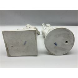 Royal Copenhagen Parian ware figure, modelled as Adonis, standing contrapposto by a tree trunk, together with a similar Parian ware figure, modelled as Venus with the Apple, both after Bertel Thorvaldsen and stamped Eneret to base with blue wave marks beneath, tallest H31.5cm