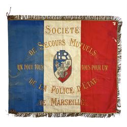 French State Police banner as the tricolor flag embroidered with coloured and metallic thread 'Societe De Secours Mutuels Un Pour Tous Tous Pour Un De La Police D'Eteat De Marseille' to one side; plain flag verso; tassels to three sides 100 x 113cm