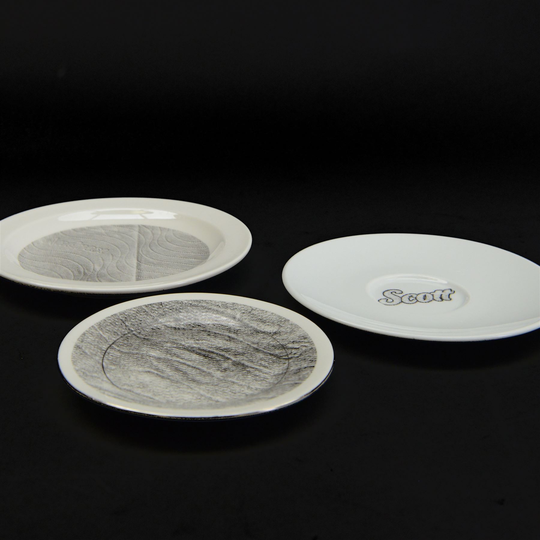 Alice Aldis (British 2002-); 'Toilet Paper Ornamentation - Collection One', hand-bound catalogue; together with three transfer-printed plates, largest D20cm 