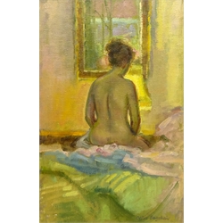  Olive Bagshaw (Northern British fl.1965-1978): Female Nude seated on a Bed, oil on canvas laid on board signed 55cm x 37cm Provenance: from the Artist's Studio Sale. Miss Bagshaw who was born in Salford, received her formal art training at Salford and Manchester Art School. Her work has been regularly accepted at the Royal Society of Portrait Painters, the Royal Academy and Federation of British Artists (Information from a 1970's Monks Hall Museum and Gallery exhibition catalogue)  DDS - Artist's resale rights may apply to this lot  
