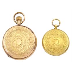 Early 20th century 14ct gold half hunter Swiss lever pocket watch, white dial with Roman numerals and subsidiary seconds dial and an 18ct gold open face cylinder pocket watch, both stamped