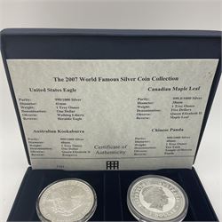 Four one ounce fine silver coins, forming 'The 2007 Famous World Silver Coin Collection', comprising United States eagle, Australian kookaburra, Chinese panda and Canadian maple leaf, cased with Westminster certificate 