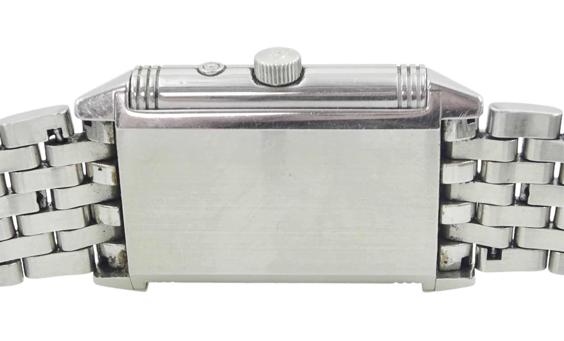 Jaeger-LeCoultre Reverso Duoface Night & Day gentleman's stainless steel manual wind wristwatch, Ref. 270.8.54, silvered dial with Arabic numerals with subsidiary seconds dial, reversing to a second black engine turned dial, Arabic and dagger numerals, subsidiary day/night dial, on Jaeger-LeCoultre stainless steel bracelet, boxed with service papers dated 2019 and 2020 and additional links