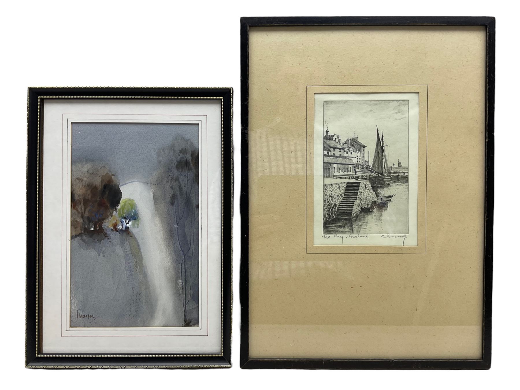 William Edgar Mayer FRSA (British 1910-2002): 'Ravene', watercolour signed, titled verso 22cm x 13cm; Edgar James Maybery (AKA A Simes) (British 1887-1964): 'The Quay - Brixham', drypoint etching signed and titled in pencil 14cm x 9cm (2)