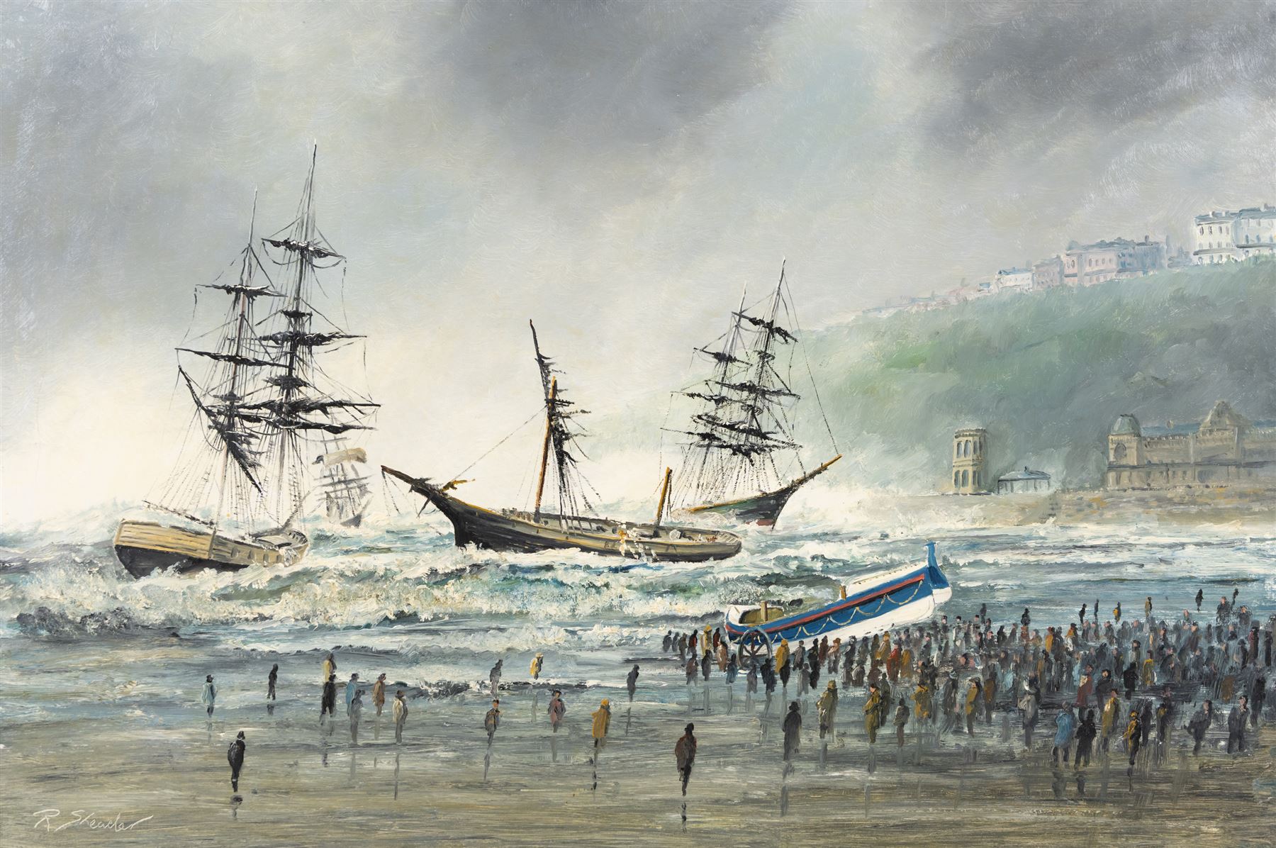 Robert Sheader (British 20th Century): Scarborough Beach, oil on board signed 50cm x 75cm 