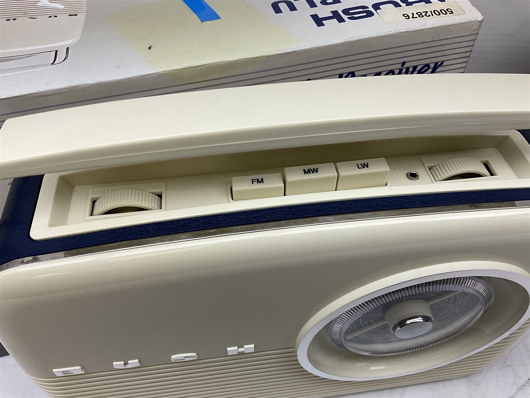 1950s Pye Type P43 cabinet radio in cream Bakelite case with orange knobs, W30cm H22cm D16cm, together with Ever Ready Sky Queen portable radio, Ekco portable radio in red case, Boxed Bush Special Edition 2002 Queens Golden Jubilee radio, Hacker Herald VHS radio (5)