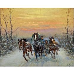 Athanas Ivanovich Scheloumoff (Ukrainian 1892 -1983): Troika Sleigh in Winter Landscape, oil on board signed 13.5cm x 16.5cm