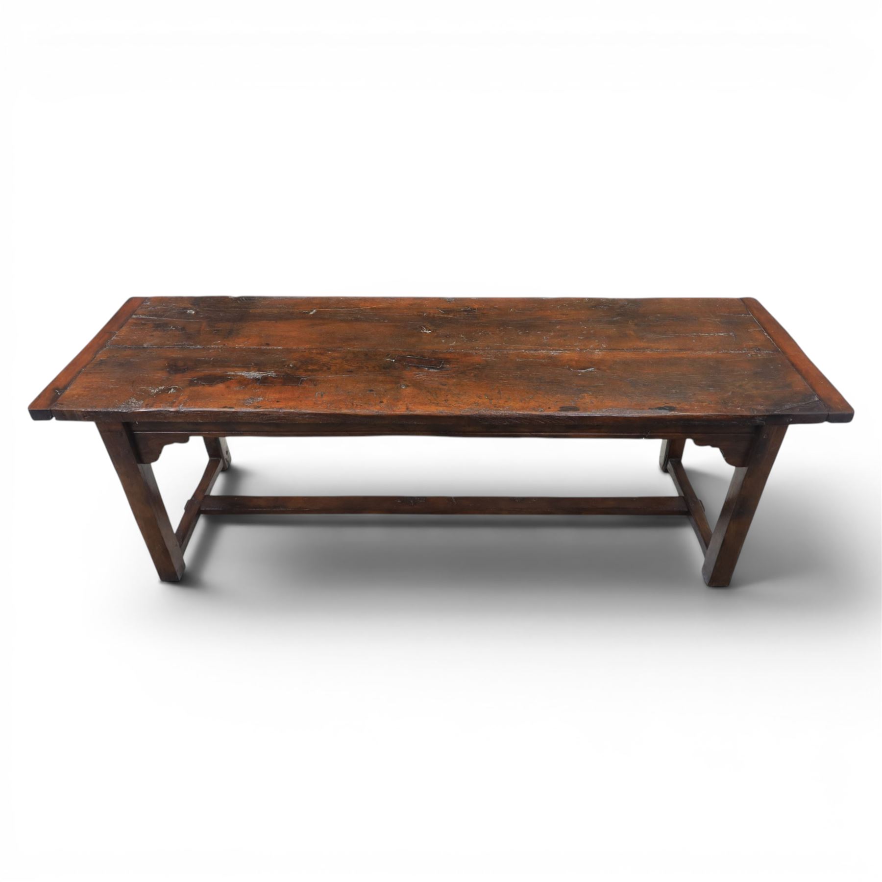 Large country made oak farmhouse dining table, on two plank construction, raised on square supports united by an undertier 