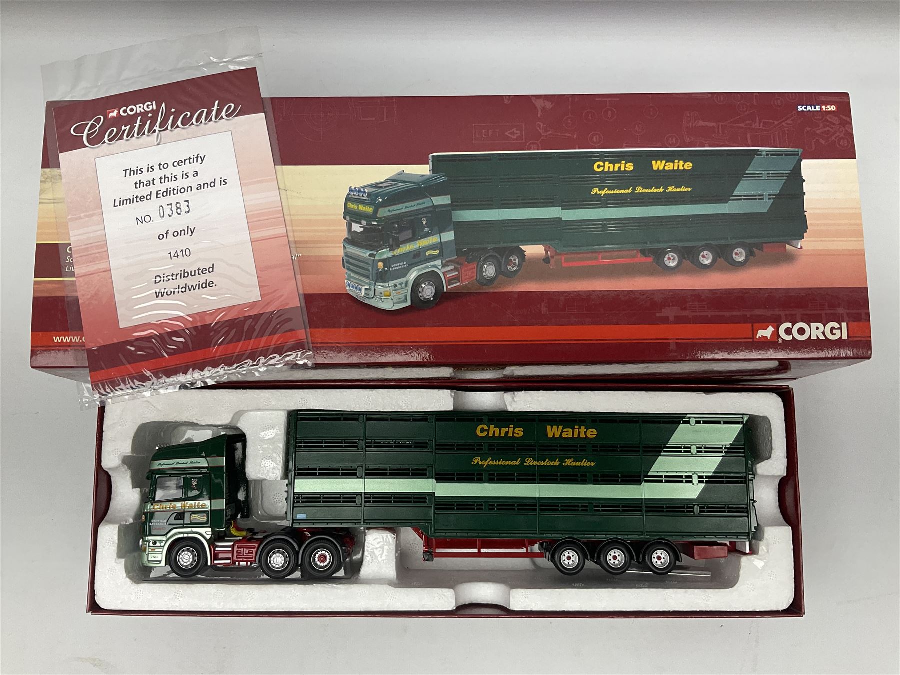 Corgi - three limited edition Hauliers of Renown lorries; CC13715 Scania R Series Topline Houghton Parkhouse 'The Professional' Livestock Transporter Chris Waite Transport; CC13812 Mercedes-Benz Actros Curtainside Eddie Stobart Ltd/Knauf; and CC13911 Foden Alpha Flatbed Trailer & Peat load R.J. & I. Monkhouse Ltd; all boxed with slipcases (3)