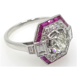  Art Deco style diamond and ruby white gold ring stamped 18k, old cut central diamond approx 0.8 carat   