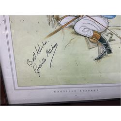 Enamel Horse racing members badges, together with three framed signed racing characters jockey prints, including Steve Smith Eccles, Willie Shoemaker and Greville Starkey, and one other print